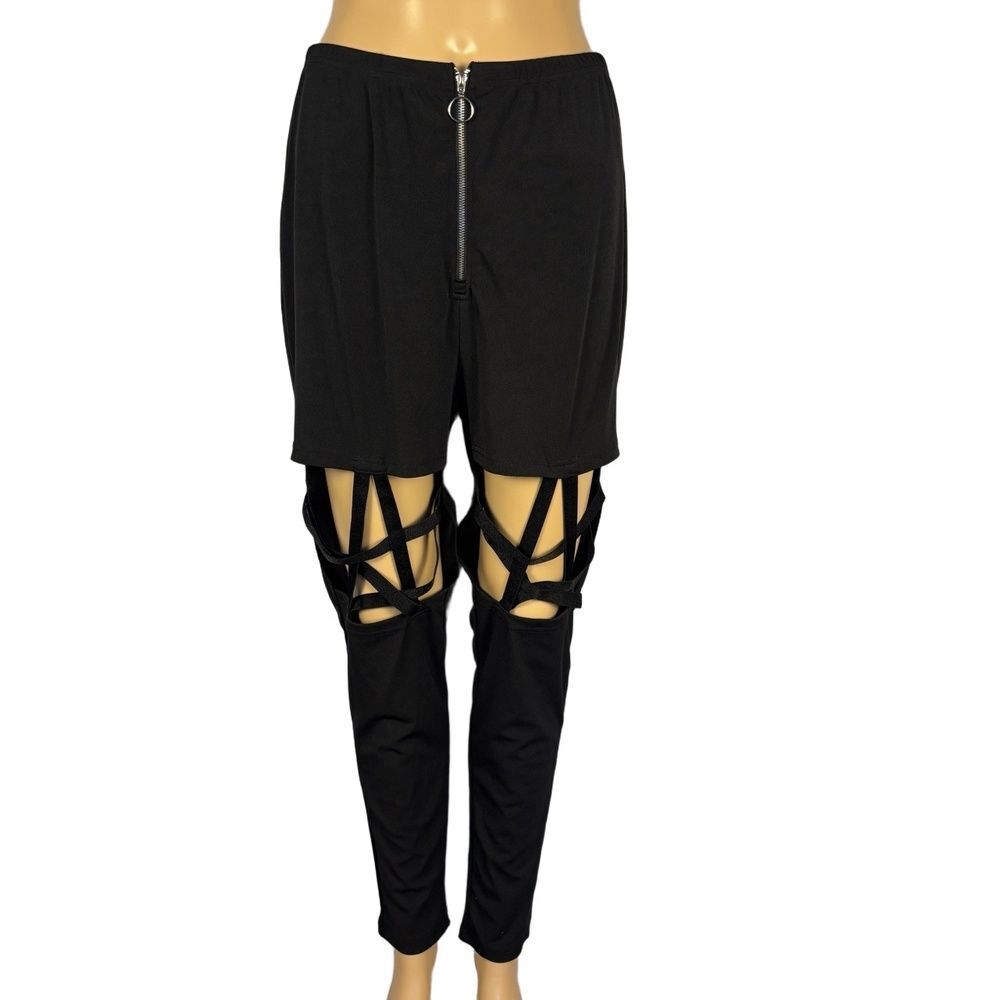 Black Cutout Pants Womens OXL Plus Size Zip Front Strappy Gothic SHEIN Curve